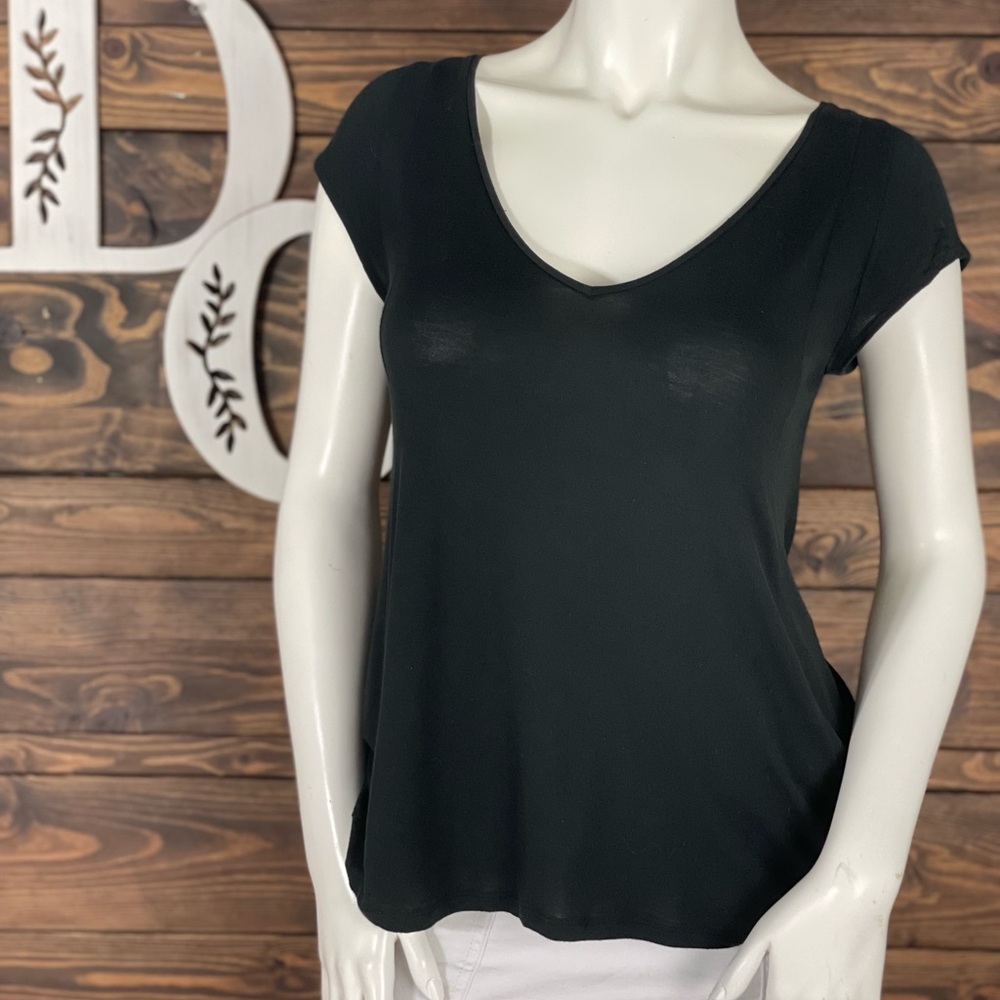 Deletta | Cutout Open Back High Low Short Cap Sleeve Top‎ Wide Deep V-Neck Sheer